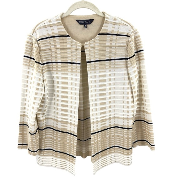 Ming Wang Open Front Jacket Cardigan Womens M Tan White Black Dressy Stretch - Picture 1 of 9